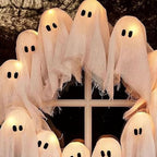 Halloween Ghost Wreath, 12 LED Light-Up White Ghost Garland, Spooky Indoor & Outdoor Hanging Decoration for Front Door, Wall, Party, Battery-Powered Halloween Decor, Holiday Spooky Garland A