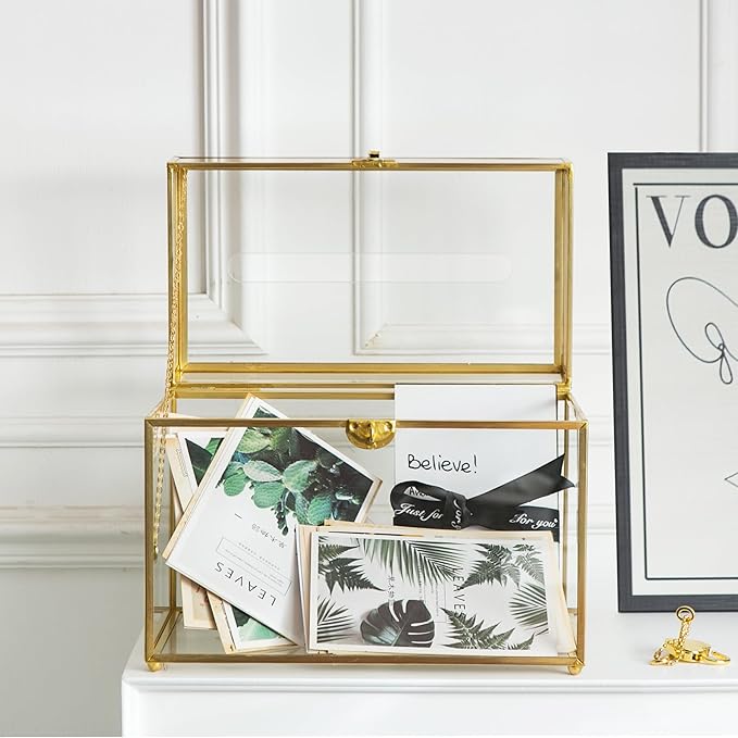 Glass Wedding Card Box with Slot, 10.2 inch Clear Card Box Gold Brass Gift Card Storage Box with Lock Perfect for Wedding Receptions, Baby Shower, Birthday Party, Bridal Shower