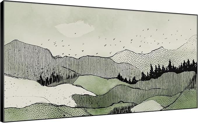 SIGNWIN 36"x72" Extra Large Framed Wall Art Green Line Art Mountain Landscape Illustration for Home Living Room Bedroom Decor (Frame Assembly Required)