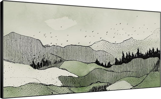 SIGNWIN 36"x72" Extra Large Framed Wall Art Green Line Art Mountain Landscape Illustration for Home Living Room Bedroom Decor (Frame Assembly Required)
