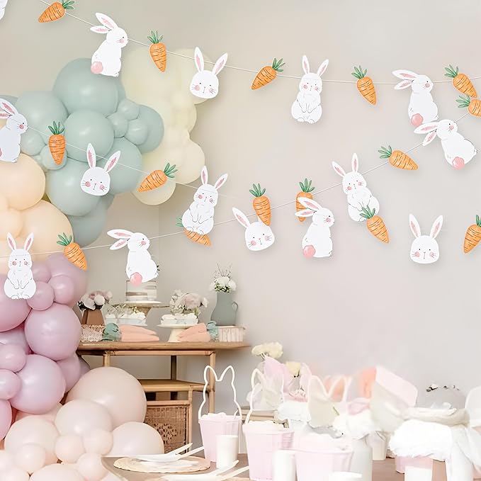 Cheerland Bunny Garland Party Decorations Cute Rabbit Carrot Banner Hanging Streamer for Girls Kids Birthday Baby Shower Classroom Home Office Decor Easter Garden Animal Tea Parties Supplies 2pcs