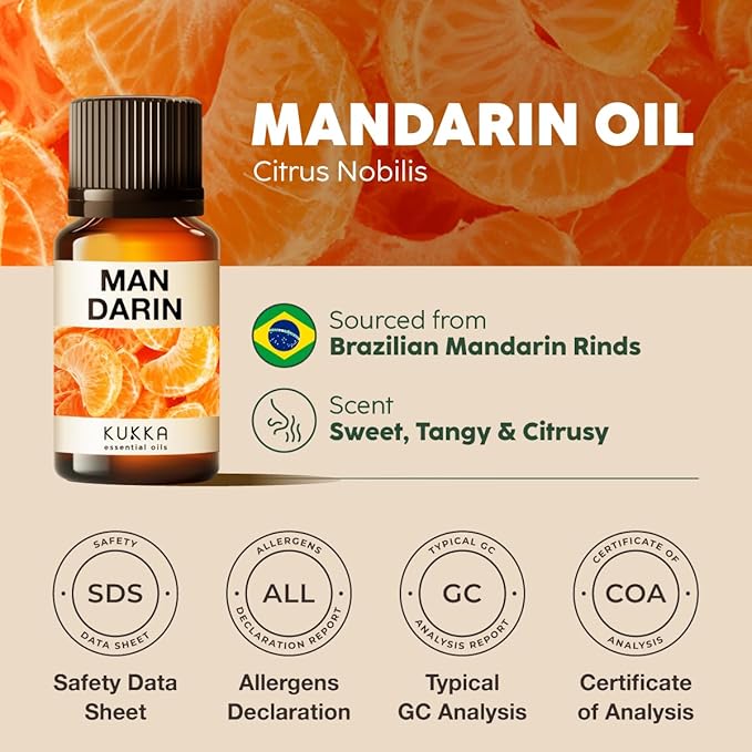 Kukka Mandarin Essential Oil for Diffuser Skin - 0.34 Fl Oz - 100% Pure Natural, Fresh & Citrusy Scent for Aromatherapy,Candle, Bath Bomb & Soap Making Scent DIY