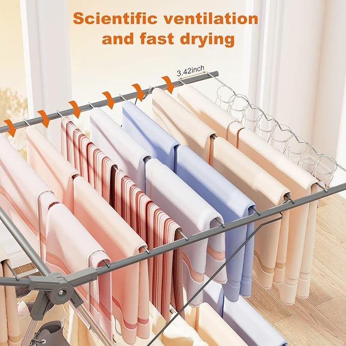 Bigzzia Clothes Drying Rack Foldable, 2-Level Large Laundry Drying Rack Collapsible, Stainless Steel Drying Rack Clothing for Indoor Outdoor, Easy to Fold, 33 Drying Rails, 142cm, Gray