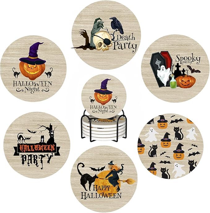 Halloween Coaster for Drinks Set of 6 with Metal Holder and Cork Base Ceramic Drink Coasters Absorbent Cup Mat Non-Slip for Home Kitchen Office Table Decor, 4 Inch