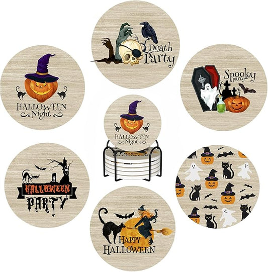 Halloween Coaster for Drinks Set of 6 with Metal Holder and Cork Base Ceramic Drink Coasters Absorbent Cup Mat Non-Slip for Home Kitchen Office Table Decor, 4 Inch