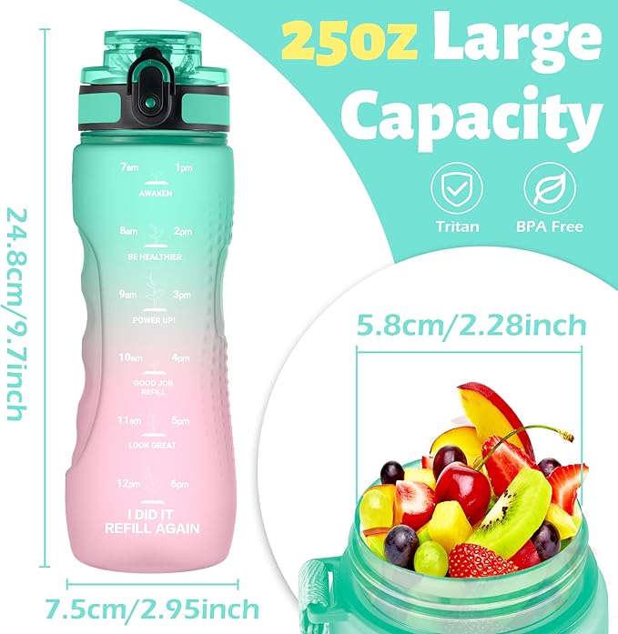 OLDLEY 25 oz Motivational Water Bottle, Sports Water Bottle with Strap, Leakproof BPA Free Large Water Bottles for School, Gym, Travel, Outdoor, Tritan, Green&Pink