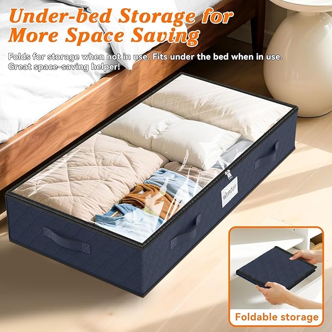 SpaceWhisper 90L Under Bed Storage Containers, 8-Pack Storage Bins with Clear Top, Foldable Closet Organizers and Storage with Label Holder for Clothing, Blankets, Comforter & Pillows(Blue)
