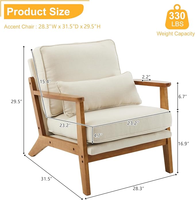 Karl home Accent Chair Wide Armrest Mid-Century Lounge Chair Linen Fabric Armchair with Lumbar Pillow & Solid Wood Frame for Living Room, Bedroom, Balcony, Beige
