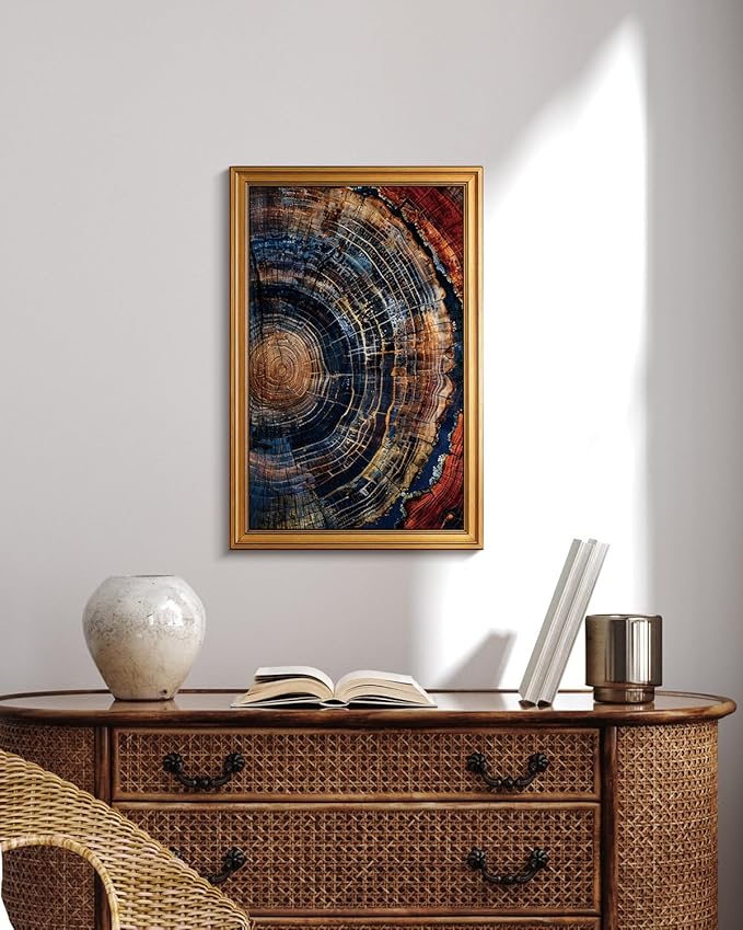 HUARCEY Gold Framed Vintage Wall Deocr for Living Room, Tree Rings Art Abstract Wood Grain Texture Bathroom Art Large Canvas Print Nature Inspired Farmhouse Pictures for Study Office Bedroom 16"x24"