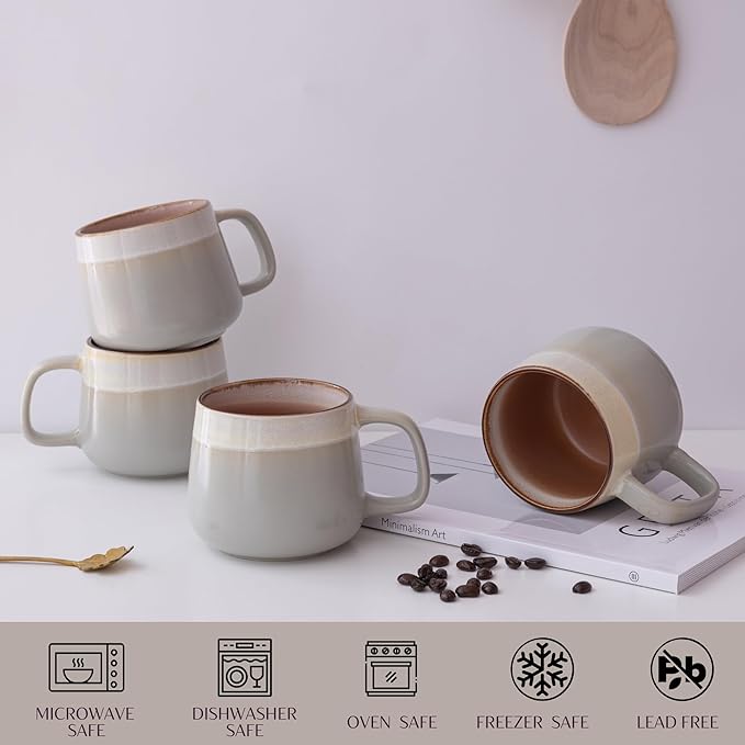 Ceramic Coffee Mugs Set of 4, 12 oz Stoneware Coffee Cups with Comfortable Handle for Latte, Tea, Cappuccino, Cocoa -Microwave and Dishwasher Safe - Modern Unique Aesthetic - Reactive Glaze