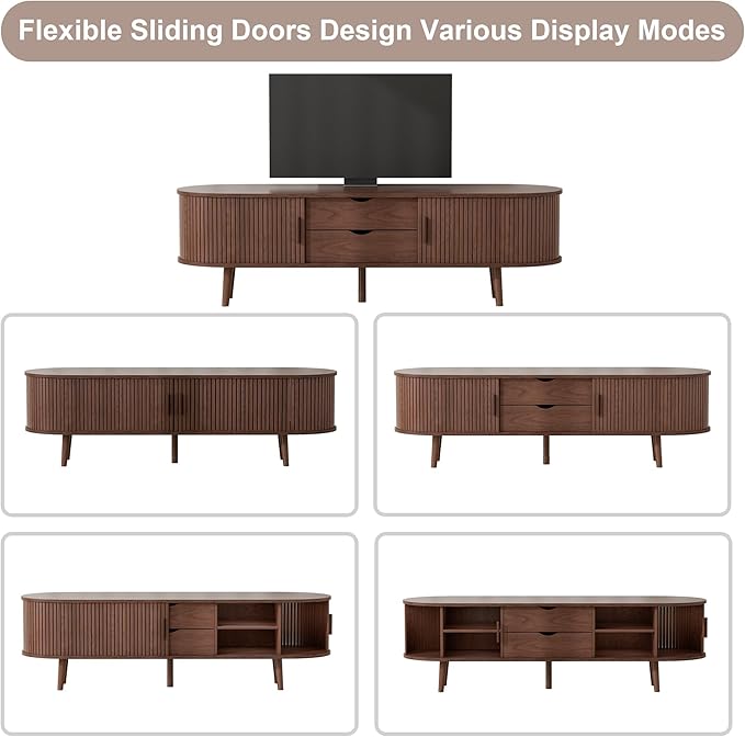 55" Mid Century TV Stand, Fluted TV Stand Fits 32" to 60" TVs. Wood Entertainment Center for Living Room, Farmhouse Modern TV and Media Console Table with Storage, Curved Edge and Sliding Door, Walnut