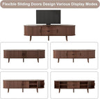 55" Mid Century TV Stand, Fluted TV Stand Fits 32" to 60" TVs. Wood Entertainment Center for Living Room, Farmhouse Modern TV and Media Console Table with Storage, Curved Edge and Sliding Door, Walnut