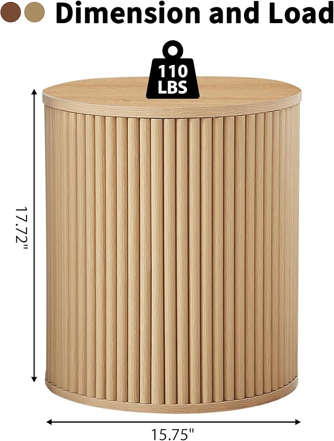 AVZEAR Small Round Side Table Fluted Night Stand Set of 2, Modern Boho End Table with Storage, Circle Bedside Tables Wood Nightstands for Small Spaces, Living Room, Bedroom (Nature)