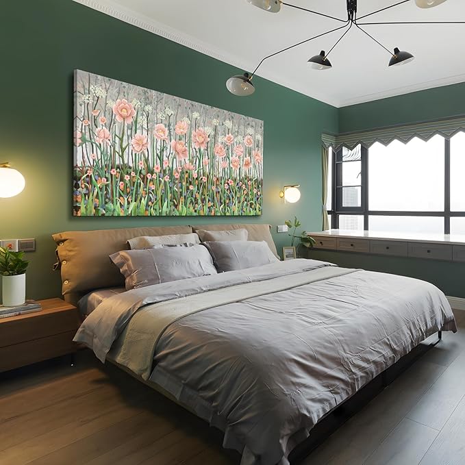 amatop Extra Large Floral Wall Picture for Living Room Modern Botanical Canvas Prints Flower Field Wall Decor Abstract Nature Art Wildflower Garden Pink Green Stretched Artwork Bedroom Office 58x29 in