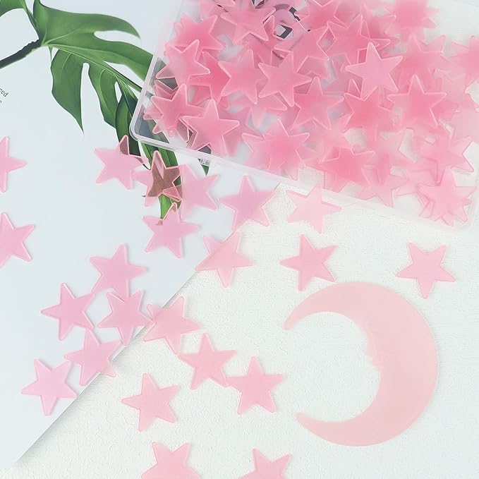 100 Stars and 1 Moon Glow in The Dark Luminous Fluorescent 3D Plastic Glow Stars Moon for Ceiling, Glowing Wall Stickers Create a Realistic Starry Sky, Room Decorations (Pink)