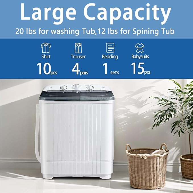 Portable Mini Twin Tub 32lbs Washing Machine With Drying Rack& 10 Hangers, 20lbs Washer & 12lbs Spinner, Small Laundry Washer with Time Control for Camping, Apartments, RV (32lbs)