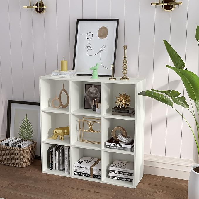 9-Cube Storage Shelf Bookcase - Wooden 3-Tier Floor Standing Open Bookshelf for Home and Office, Display Cabinet, Warm White