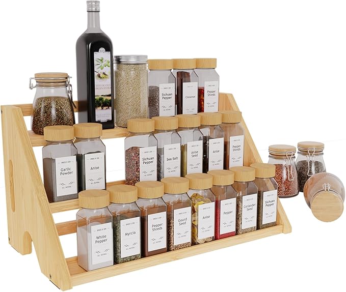 Bamboo Spice Rack Organizer -3-Tier Spice Rack for Countertop,Cabinet Spice Rack Organizer for 27 Spice Jars(4oz)，Step Shelf (yellow)