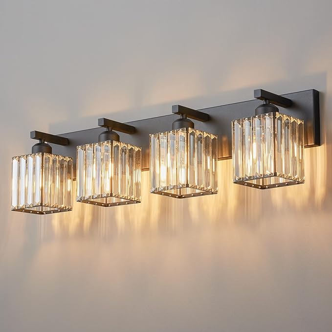 Modern 4-Light Black Crystal Bathroom Vanity Light Fixtures
