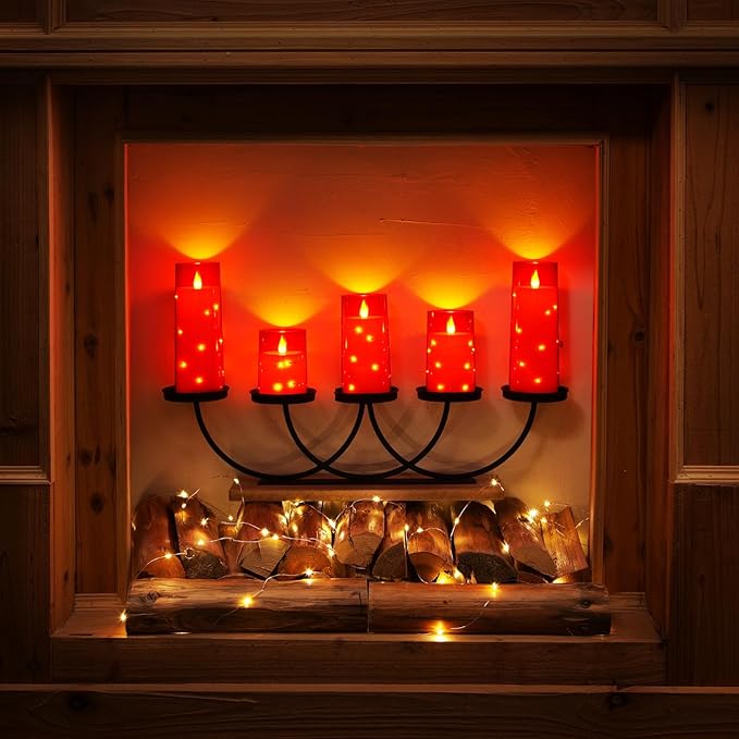 Homemory 9 Pcs Flameless Candles with Embedded Star String Fairy Lights, Battery Operated Candles, LED Candle, Fake Candles with Remote Control and Timer (Red)