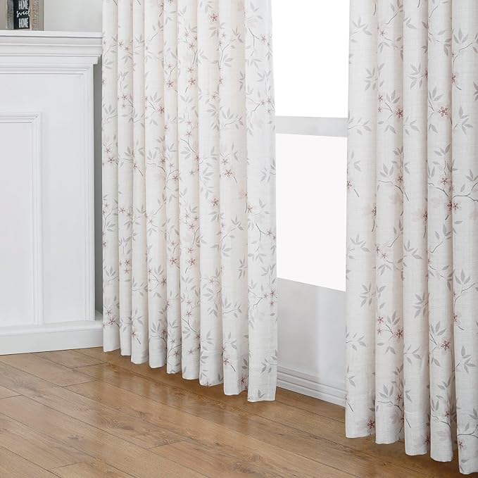 Pink Floral Pinch Pleated Linen Curtains - 2 Panels of Privacy Light-Filtering Printed Curtains Suitable for Dining Rooms and Farmhouses.52 Inches Wide by 82 Inches Long