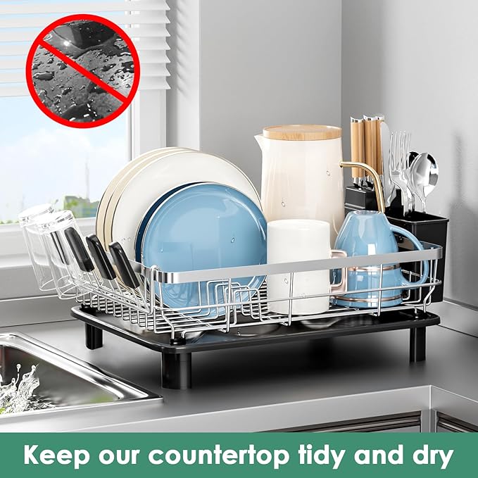 MOUKABAL Dish Drying Rack - Stainless Steel Dish Rack, Dish Racks for Kitchen Counter, Drying Rack Kitchen with Removable Utensil Holder, Drainboard and Glass Organizer (Black)