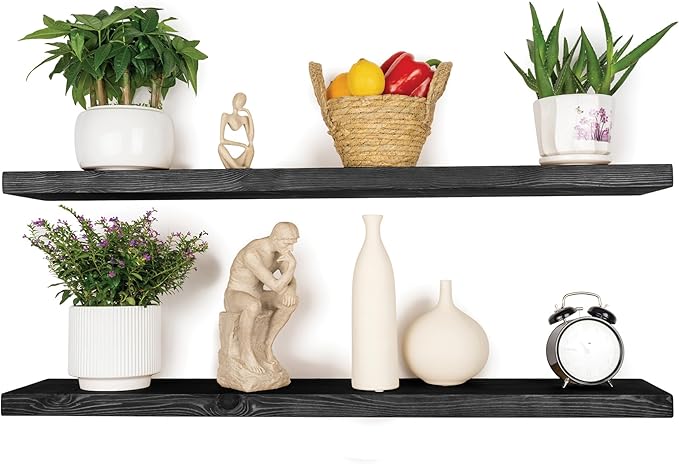 BGMG Wood Floating Shelves 48 inch, Wide Rustic Wooden Wall Shelves for Bathroom Living Room Bedroom Kitchen Farmhouse Set of 2-48x 6.7 x1.25 inch- Black