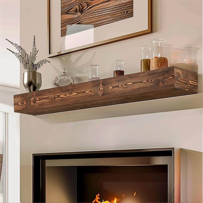48x8x5 Fireplace Mantel - Handcrafted Hollow Rustic Solid Wood Wall Mounted Floating Shelf with Invisible Heavy Duty Wood Bracket (Weathered Brown)
