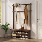 Coat Rack with Shoe Storage, Wooden Hall Tree with Bench, 11 Hooks and 2-Tier Storage Shelves, 3-in-1, Entryway Bench with Coat Rack (39.3"-Walnut)