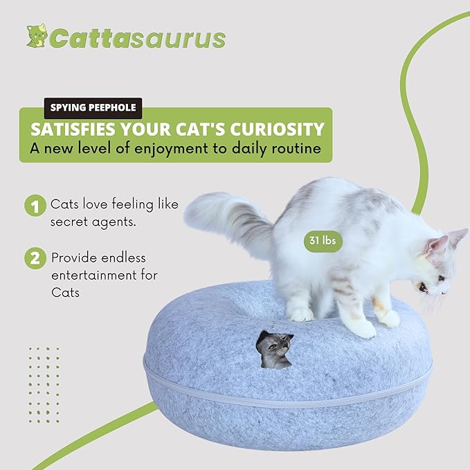 Cattasaurus Peekaboo Cat Cave, Extra Spacious for Multiple & Large Cats 12+ lbs, Scratch Detachable Beds for Indoor Cats, Washable Tunnel Bed, Comfy Cat Donut Tunnel (Light Gray+Light Gray, Jumbo)