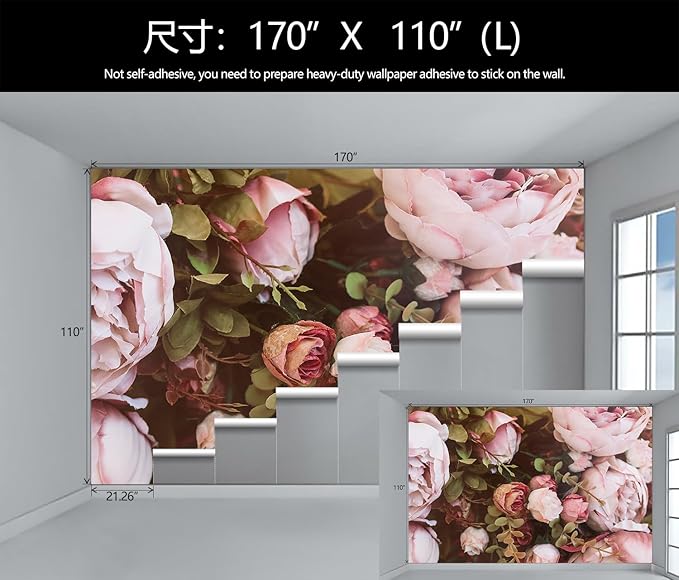 Large Peony Floral Wallpaper Girls Bedroom Pink Rose Flower Wall Mural (Not Peel and Stick)