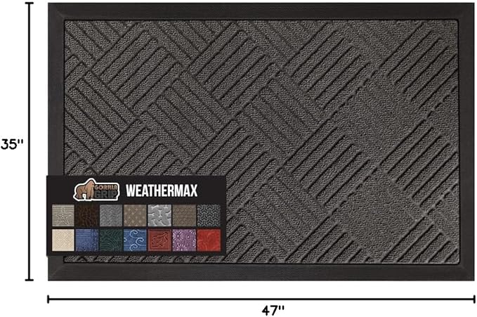GORILLA GRIP 100% Waterproof All-Season WeatherMax Doormat, 47x35, US Designed Natural Rubber, Stain and Fade Resistant, Low Profile Indoor Outdoor Door Mats, Easy Clean Patio Mat, Gray Diamond