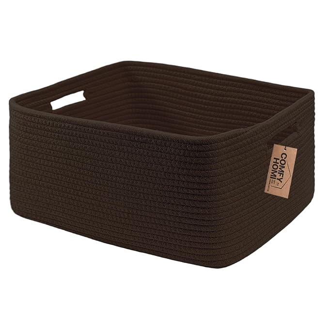 COMFY-HOMI Cotton Rope Woven Basket with Handles for Shelves,Toys,Book, Cloth Storage Baskets for Organizing-17" x 13" x 7.5" Toy Decorative Organizer for Living Room, Bathroom （dark brown）