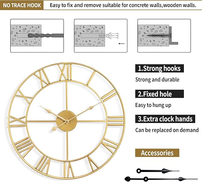 Large Wall Clock for Living Room Decor - 60cm/ 24 Inches Silent Non-Ticking Metal Wall Clocks Battery Operated, Vintage Decorative Modern Wall Clock for Bedroom, Office, Farmhouse Decor