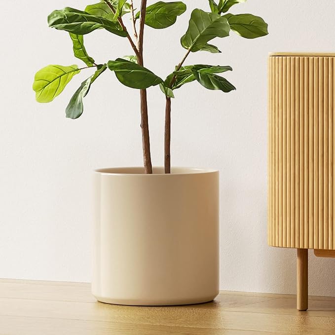 LE TAUCI 12 Inch Pots for Plants, Ceramic Large Plant Pot for Indoor Plants, Mid-Century Modern Flower Planter Pots with Drainage Hole and Removable Plug, Round Planter Pot, Reactive Glaze Cloud Cream