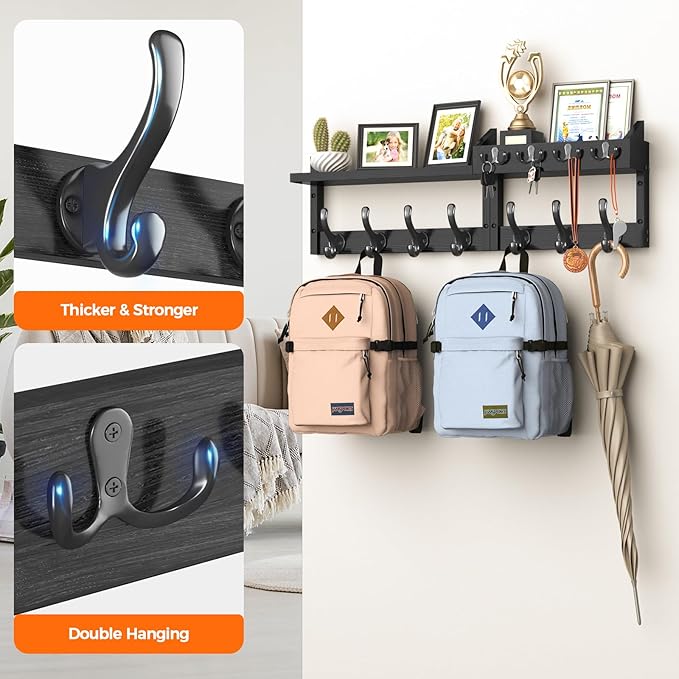 29" Coat Rack Wall Mount with Shelf, 4 in 1 Wall Mounted Coat and Key Hanger with 11 Hooks, Entryway Key Holder with Mail Holder for Living Room, Bedroom, Black