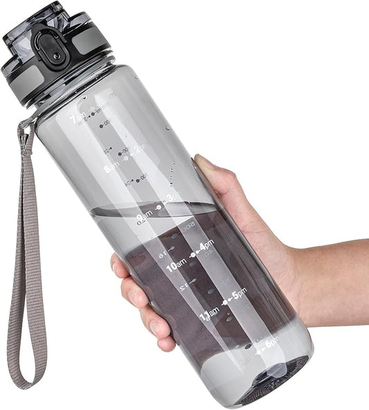 OLDLEY 32 oz Water Bottle, Motivational Water Bottle with Time Marker, Sports Water Bottle With Strap, Leakproof & BPA Free Large Water Bottles for School, Gym,Outdoor, Tritan, Transparent-Gray