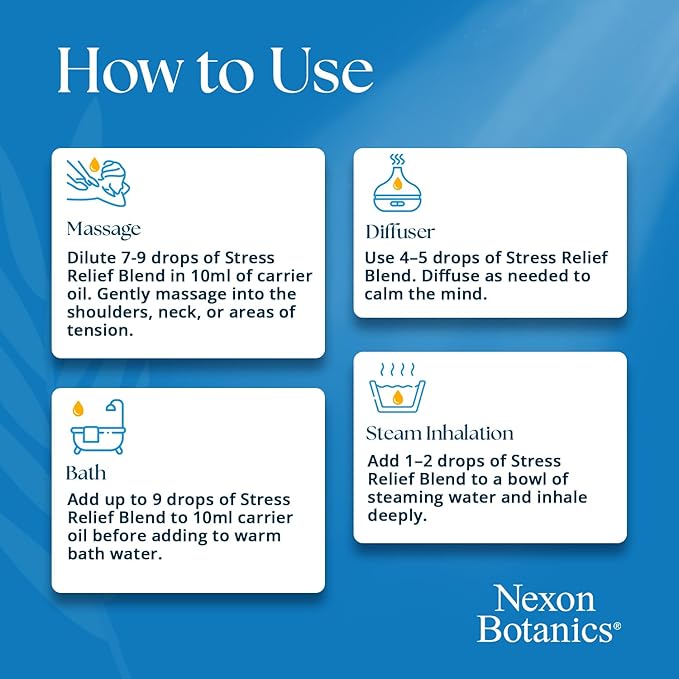 Stress Relief Essential Oil Blend 30 ml - Stress Relief & Calm Essential Oil for Diffusers & Aromatherapy - Promotes Relaxation & Rest - Nexon Botanics