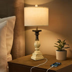 BOBOMOMO 27" Farmhouse Table Lamps with USB-A +C Ports, Vintage Rustic Side Table Lamps Set of 2, Linen Shade, Retro Bedside Night Stand Lamps for Living Room, Bedroom, Office, Home Decor