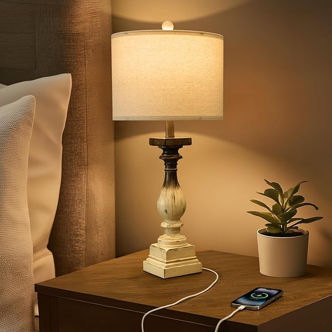 BOBOMOMO 27" Farmhouse Table Lamps with USB-A +C Ports, Vintage Rustic Side Table Lamps Set of 2, Linen Shade, Retro Bedside Night Stand Lamps for Living Room, Bedroom, Office, Home Decor