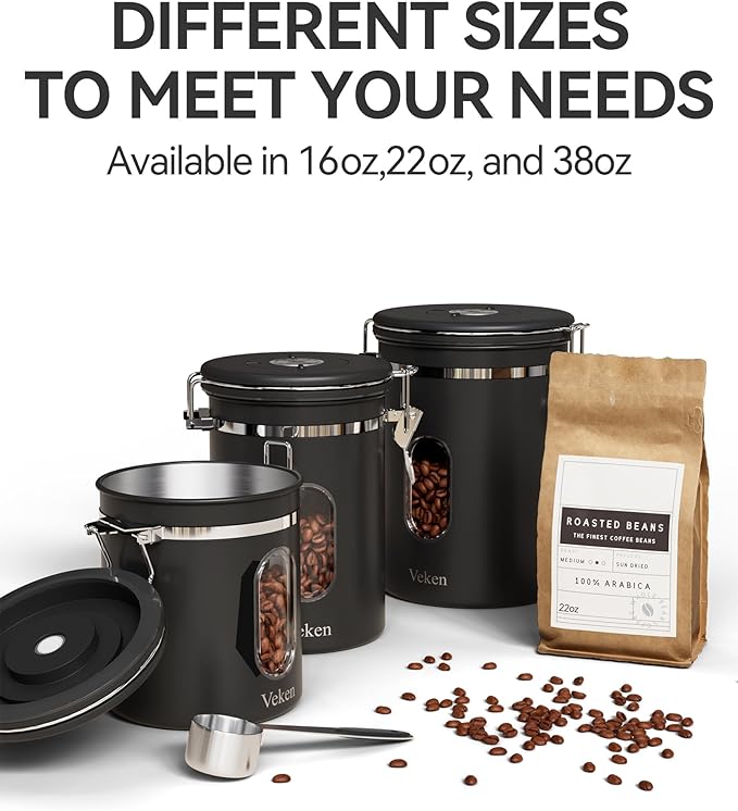 Veken Large Coffee Canister with Window, Rice Kitchen Food Storage Airtight Stainless Steel Container with Lids, Date Tracker and Scoop, Grounds, Beans, Tea, Flour, Cereal, Sugar Jars, 38oz, Black