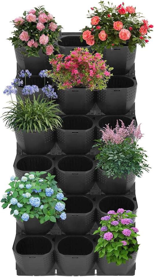 12Pieces 3-Pot Wall Planter Vertical Garden Plant Walls Wall Mounted Vertical Planter with Water-Storage Layer Stackable Wall-Mounted Flower Pot for Gardens, Balconies 180.78lbs Total Capacity (Black)