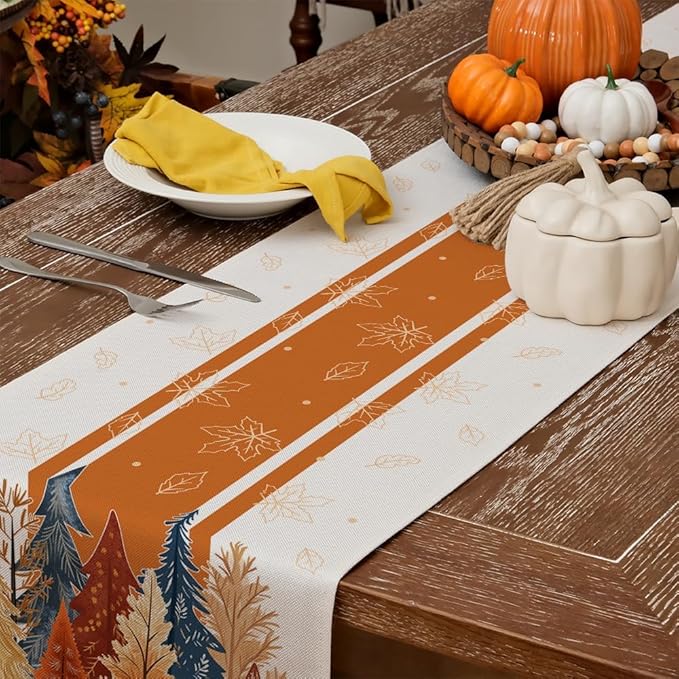 GEEORY Fall Watercolor Trees & Maple Leaves Striped Table Runner 13x90 Inch, Rustic Farmhouse Autumn Thanksgiving Decor for Kitchen, Dining, Indoor/Outdoor Holiday Dinner Party Orange GT157-90