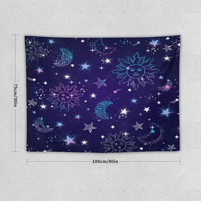 HZOHNAGO Boho Sun Moon Tapestry Purple Blue Sun Stars Galaxy Pattern Printed Wall Tapestry Wall Hanging for Bedroom Living Room Dorm 40" W x 30" H