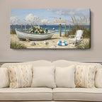 amatop Oversized Coastal Canvas Wall Art – Nautical Seaside Landscape Floral Boat on Sandy Beach Ocean Seabirds Horizontal Decor Large Wildflower Nature Artwork for Living Room Bedroom Office 58×29 Inch