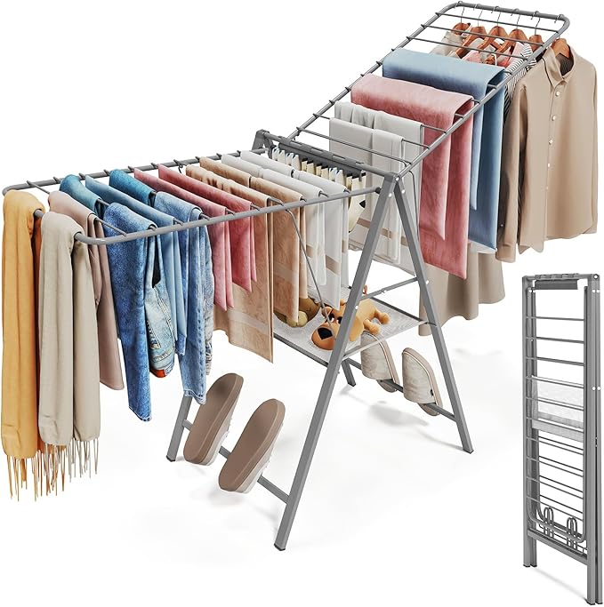 APEXCHASER Clothes Drying Rack Foldable, Metal Laundry Drying Rack Collapsible, Portable Compact Clothes Rack for Sweater Baby Clothes Towel Indoor & Outdoor, Height Adjustable Clothes Airer, Grey