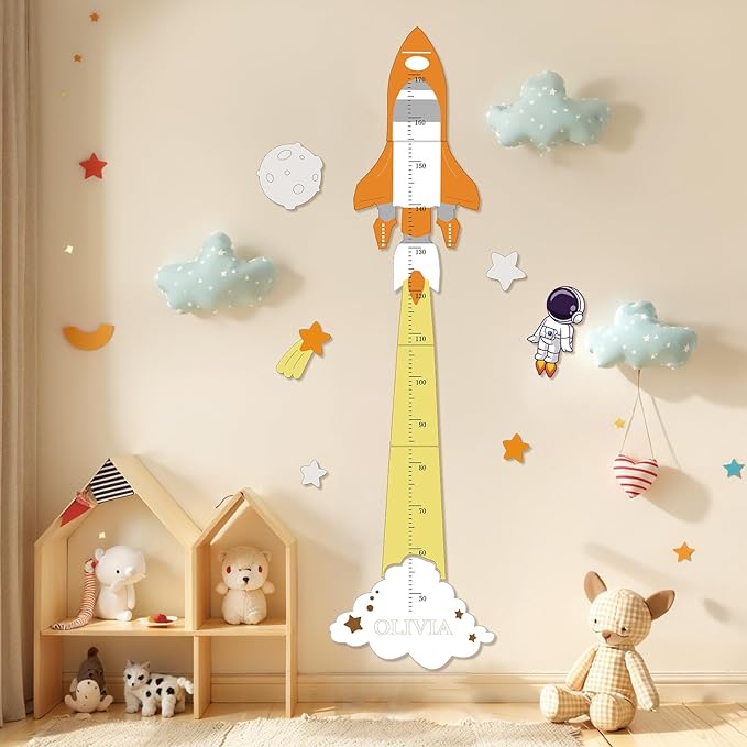 Personalized Name Height Chart for Kids, Cute Rocket Wooden Growth Chart for Kids, Wall Height Chart for Children, Cute Wall Ruler for Kids, Track Height Measurement, Easy to Install