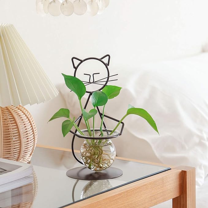 Marbrasse Desktop Glass Planter Vase Holder, Modern Creative Cat Plant Terrarium Metal Stand for Hydroponics Plants Home Garden Wedding Decoration Outdoor Planter Ideas (Style 2)