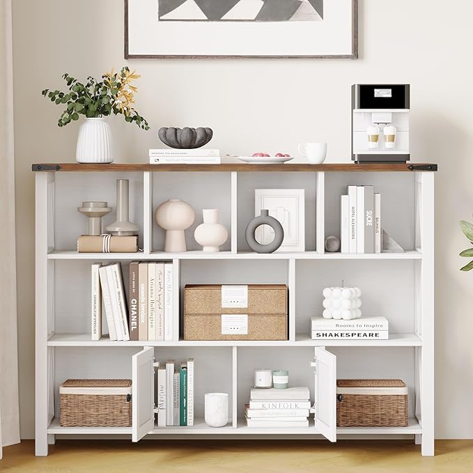 11 Cube Storage Organizer Bookshelf, Wooden Open Cube Shelf Bookcase, Farmhouse Display Book Shelf, 3 Tier Cube Bookshelves with Storage, Rustic White