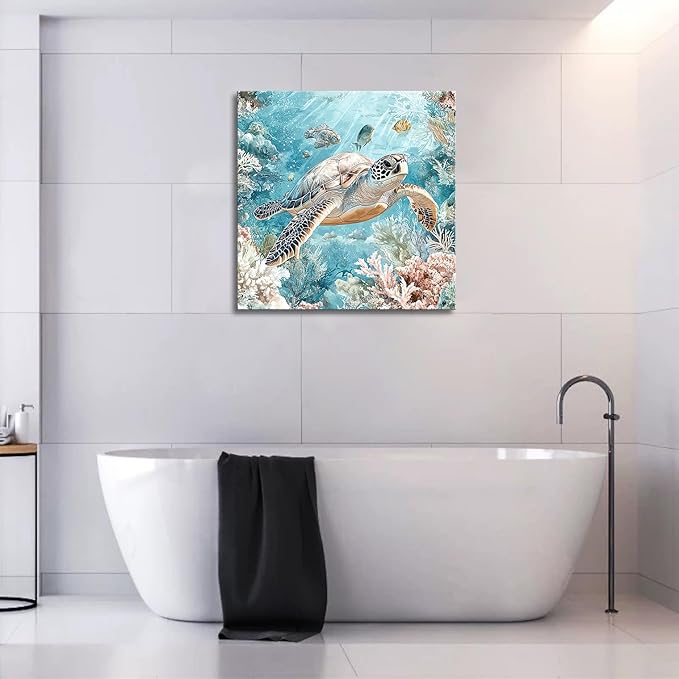 Sea Turtle Bathroom Wall Decor Ocean Theme Framed Canvas Wall Art Coastal Nautical Prints Picture Watercolor Coral Marine Life Painting for Kid Bedroom Living Room Home Decoration 14x14”